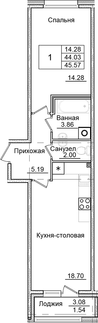 1-комнатная квартира 45.57 м², 1/9 эт., ЖК «Квартал Заречье»